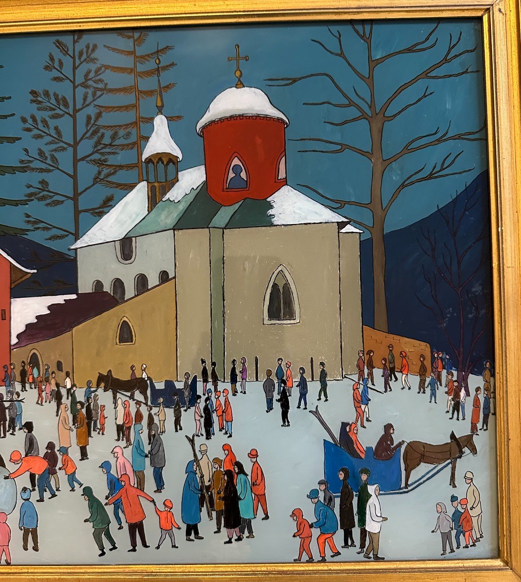 Naive Painting The Skiers Fixed Under Glass By Jacqueline Benoit 1961-photo-4