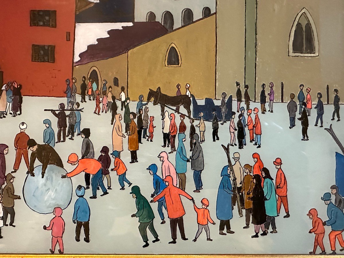 Naive Painting The Skiers Fixed Under Glass By Jacqueline Benoit 1961-photo-4