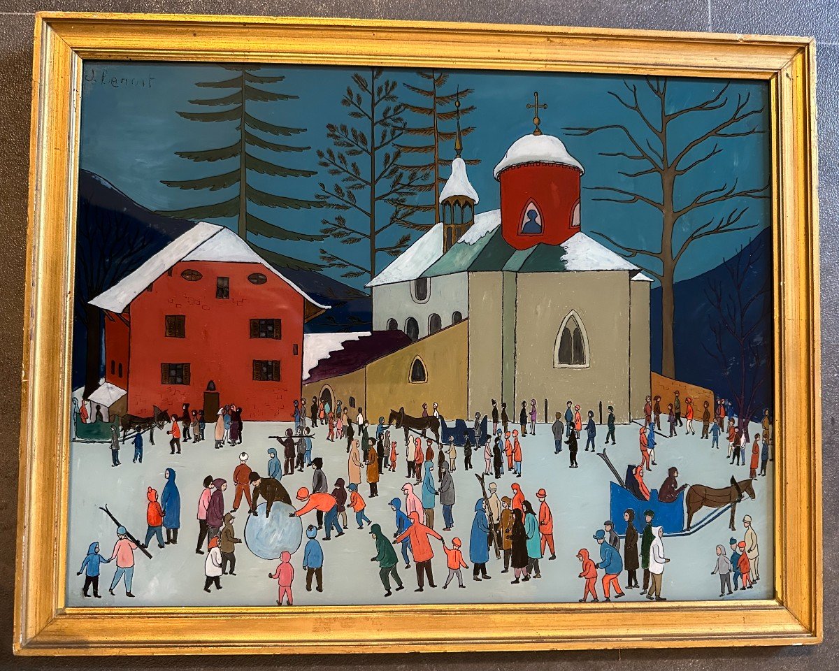 Naive Painting The Skiers Fixed Under Glass By Jacqueline Benoit 1961