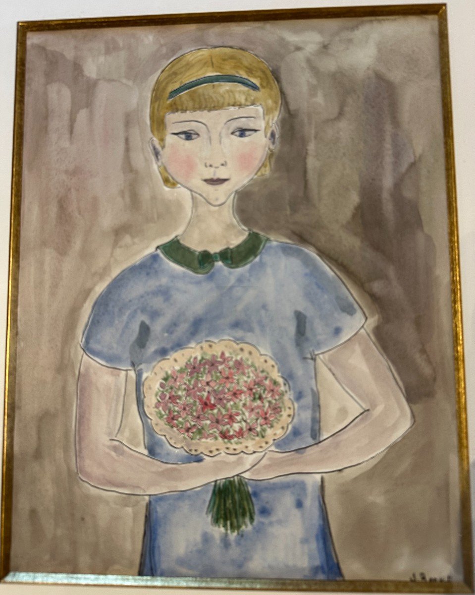 Watercolor Naive Painting Young Girl With Bouquet By Jacqueline Benoit-photo-2