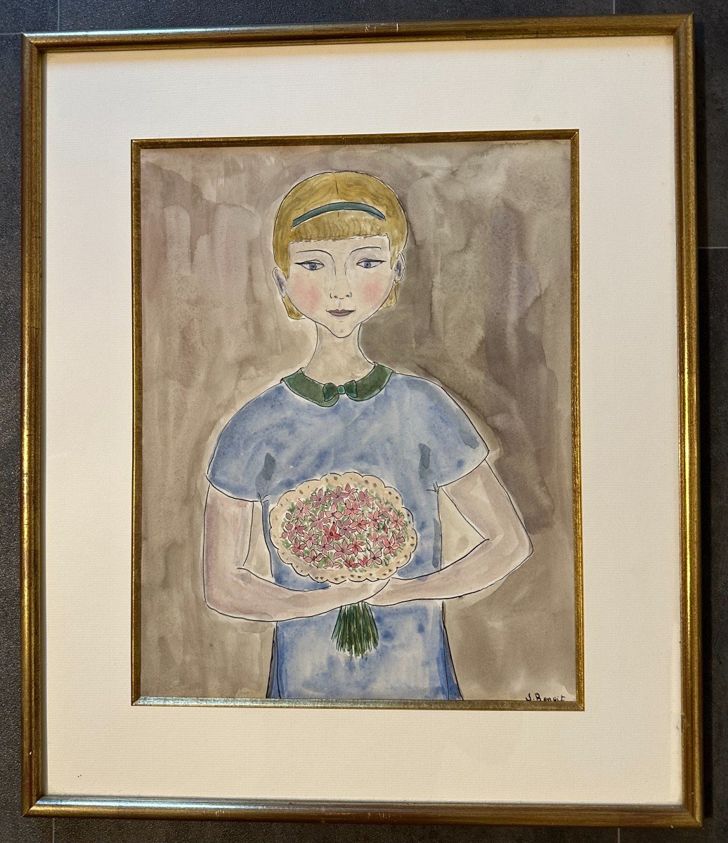 Watercolor Naive Painting Young Girl With Bouquet By Jacqueline Benoit