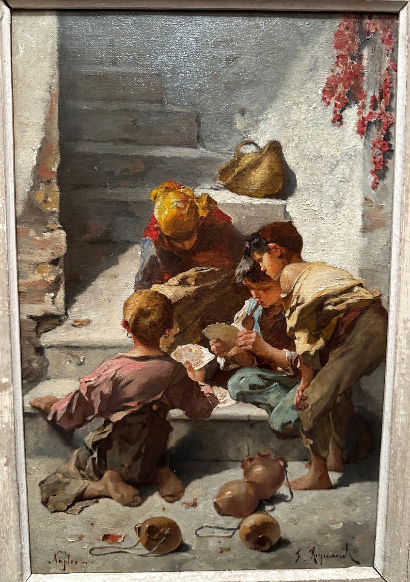 Tableau Enfants Napolitains Jouant Aux Cartes  Sur Les Marches Par François Reynaud Fin XIXème-photo-2