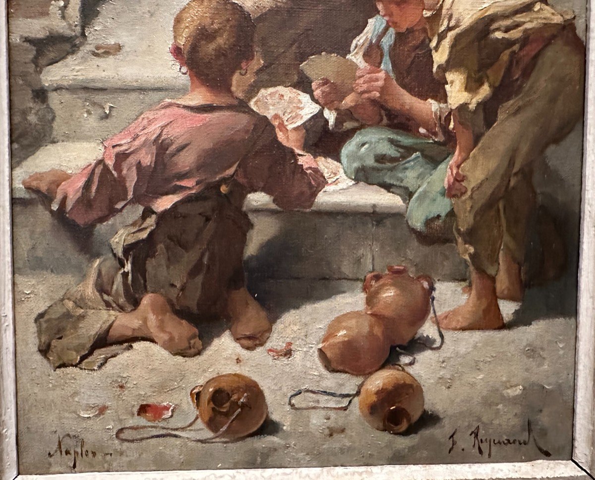 Tableau Enfants Napolitains Jouant Aux Cartes  Sur Les Marches Par François Reynaud Fin XIXème-photo-2