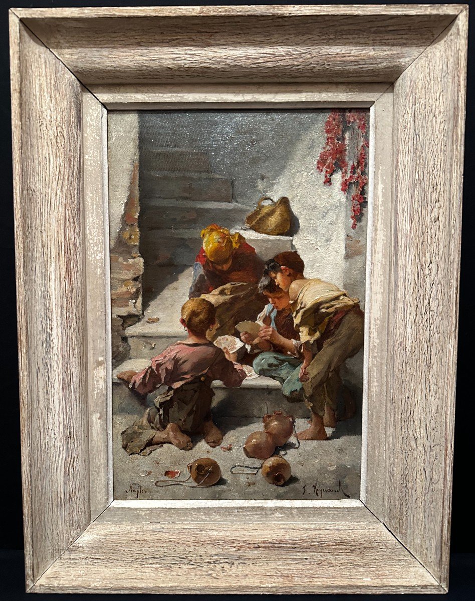 Tableau Enfants Napolitains Jouant Aux Cartes  Sur Les Marches Par François Reynaud Fin XIXème