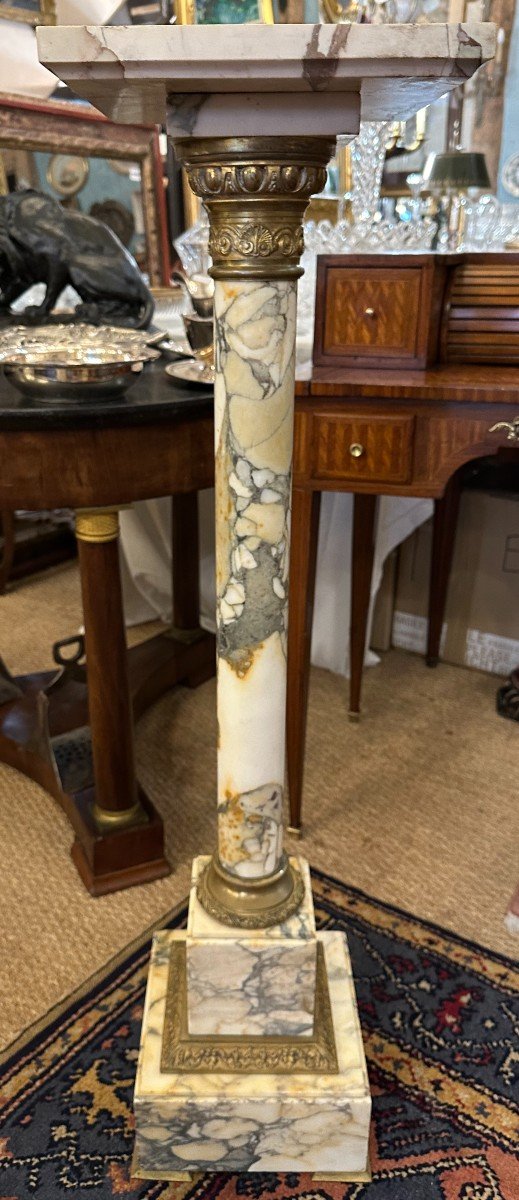 Small Column Stand White Breccia Marble Mounted In Bronze With Swivel Top, Napoleon III Period-photo-2