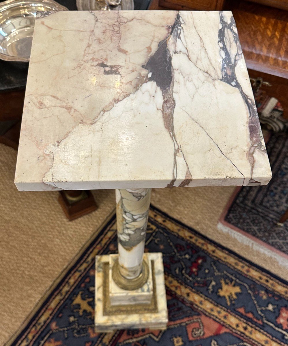 Small Column Stand White Breccia Marble Mounted In Bronze With Swivel Top, Napoleon III Period-photo-3