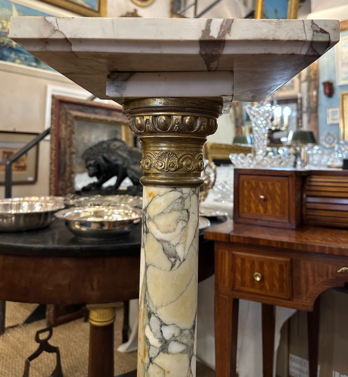 Small Column Stand White Breccia Marble Mounted In Bronze With Swivel Top, Napoleon III Period-photo-4