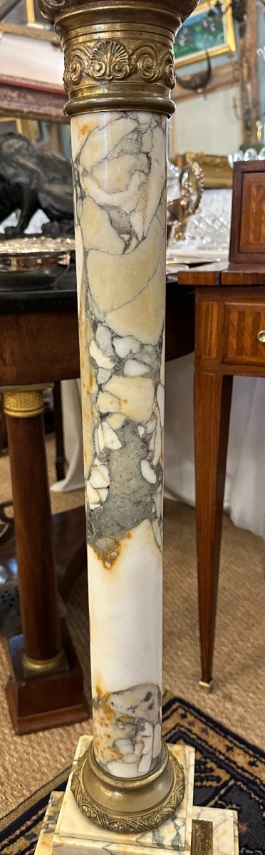 Small Column Stand White Breccia Marble Mounted In Bronze With Swivel Top, Napoleon III Period-photo-1