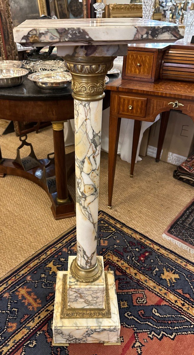 Small Column Stand White Breccia Marble Mounted In Bronze With Swivel Top, Napoleon III Period-photo-4