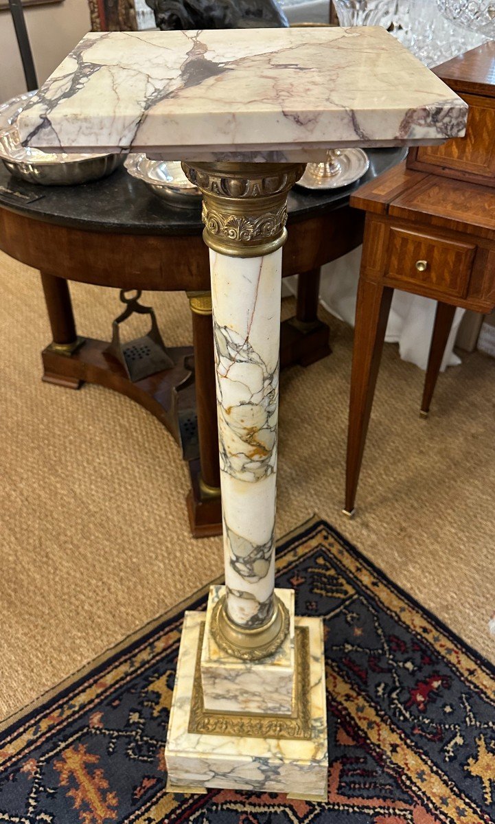 Small Column Stand White Breccia Marble Mounted In Bronze With Swivel Top, Napoleon III Period-photo-5