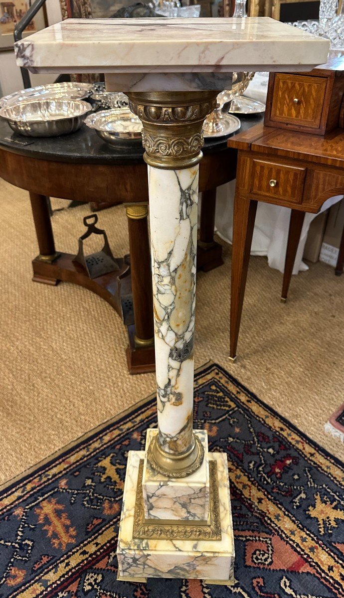 Small Column Stand White Breccia Marble Mounted In Bronze With Swivel Top, Napoleon III Period-photo-6