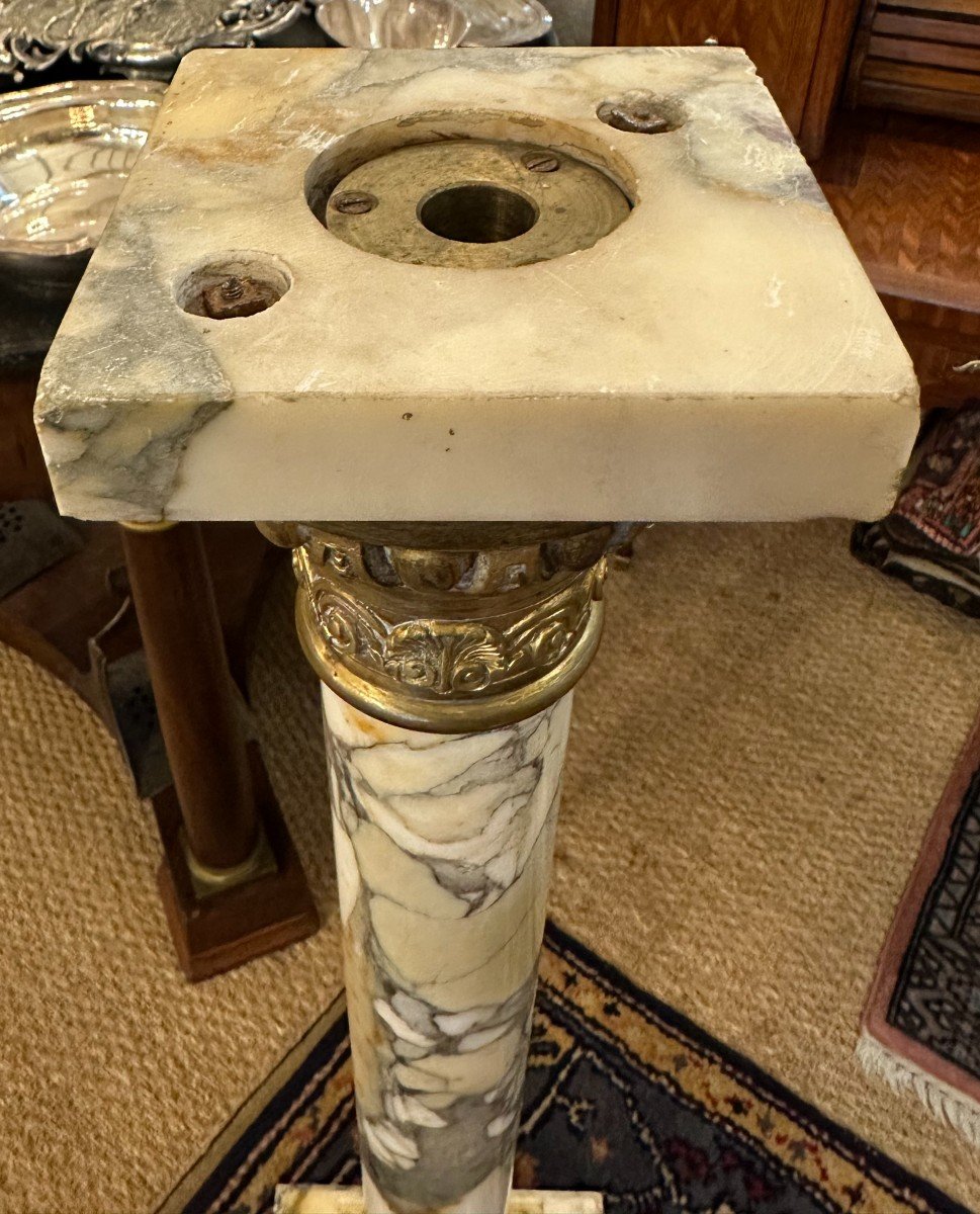 Small Column Stand White Breccia Marble Mounted In Bronze With Swivel Top, Napoleon III Period-photo-7