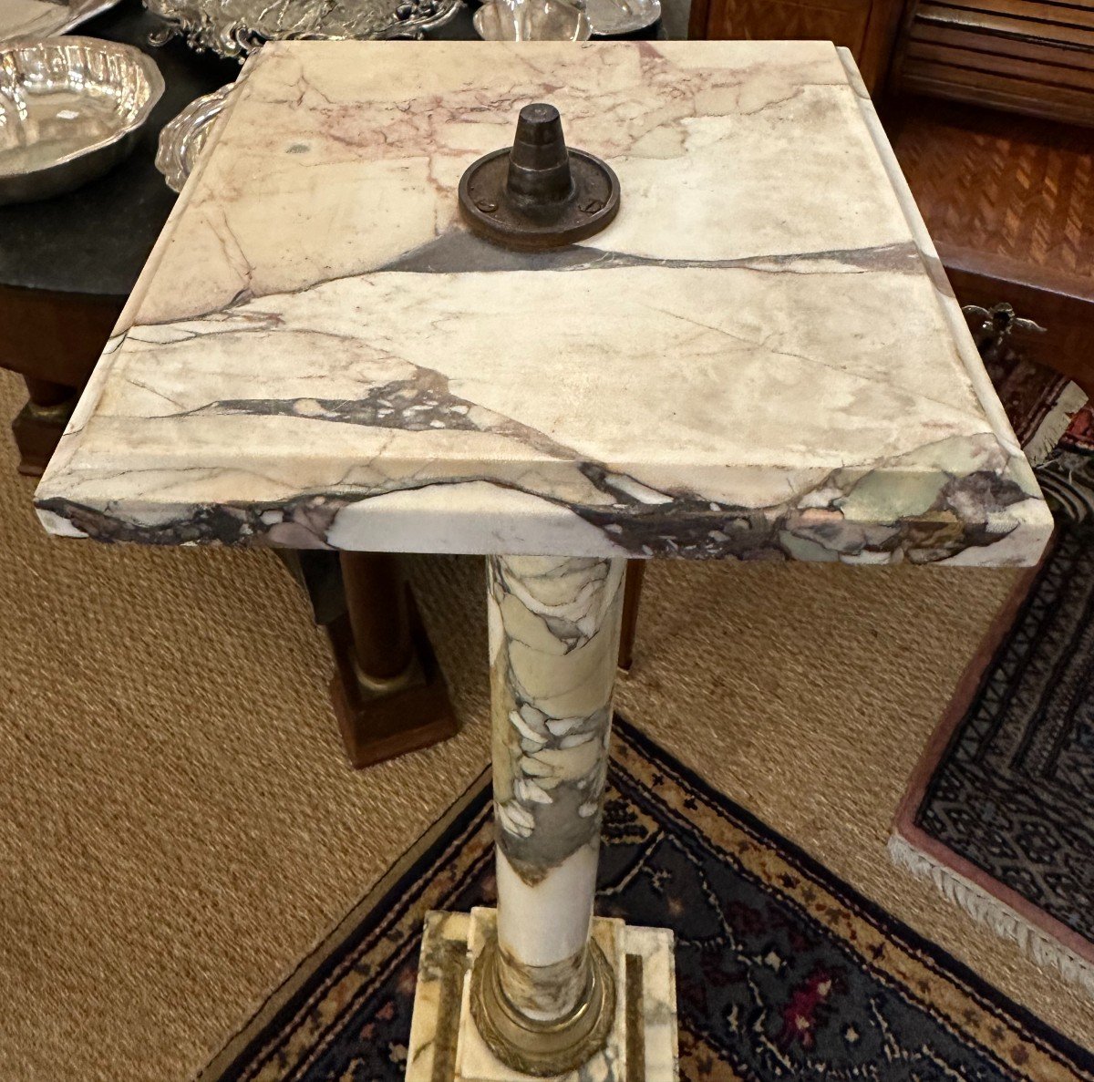 Small Column Stand White Breccia Marble Mounted In Bronze With Swivel Top, Napoleon III Period-photo-8