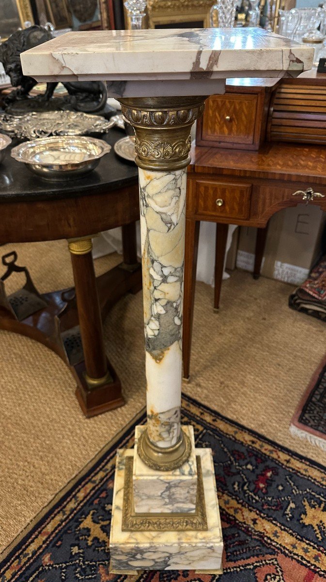 Small Column Stand White Breccia Marble Mounted In Bronze With Swivel Top, Napoleon III Period