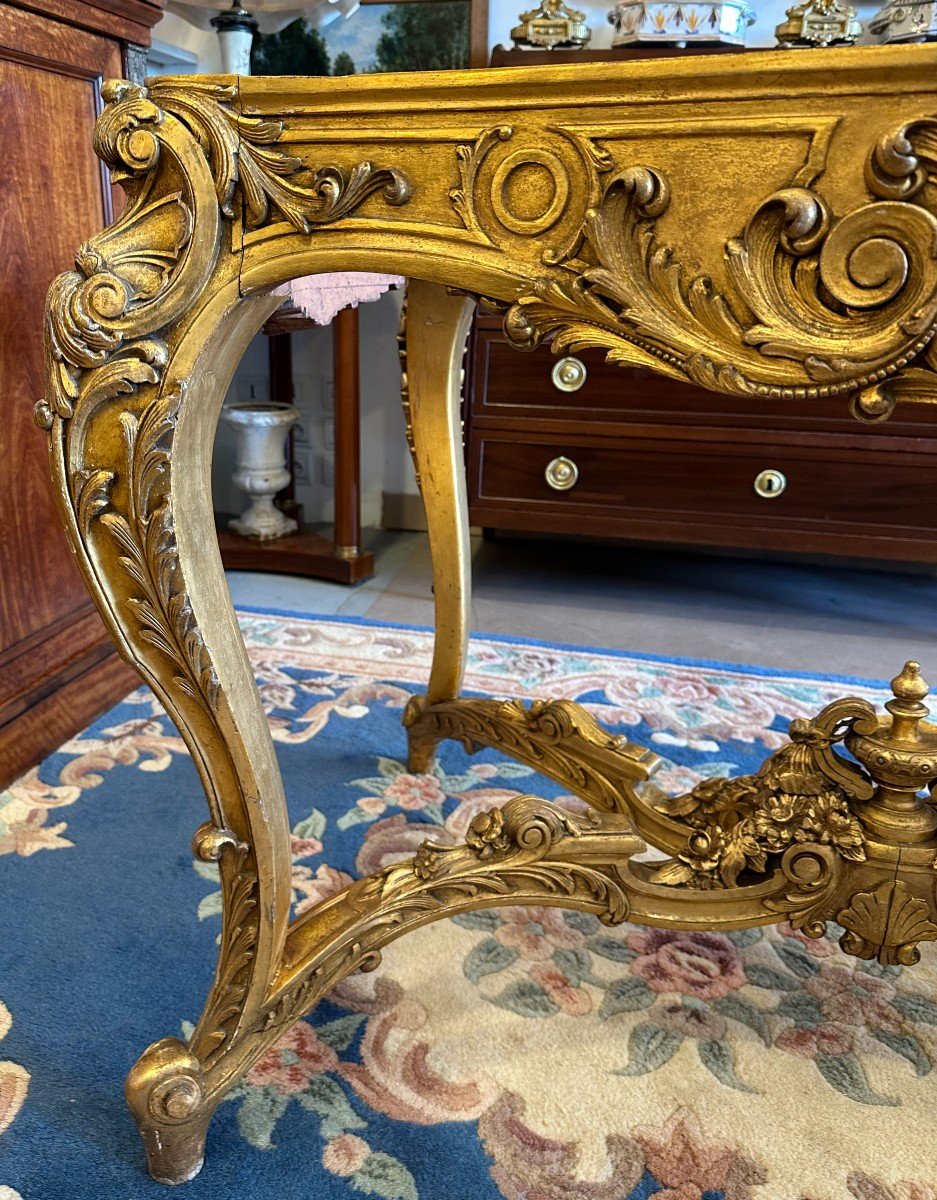 Louis XV Style Center Table In Gilded Wood With Marble Top, Napoleon III Period-photo-3