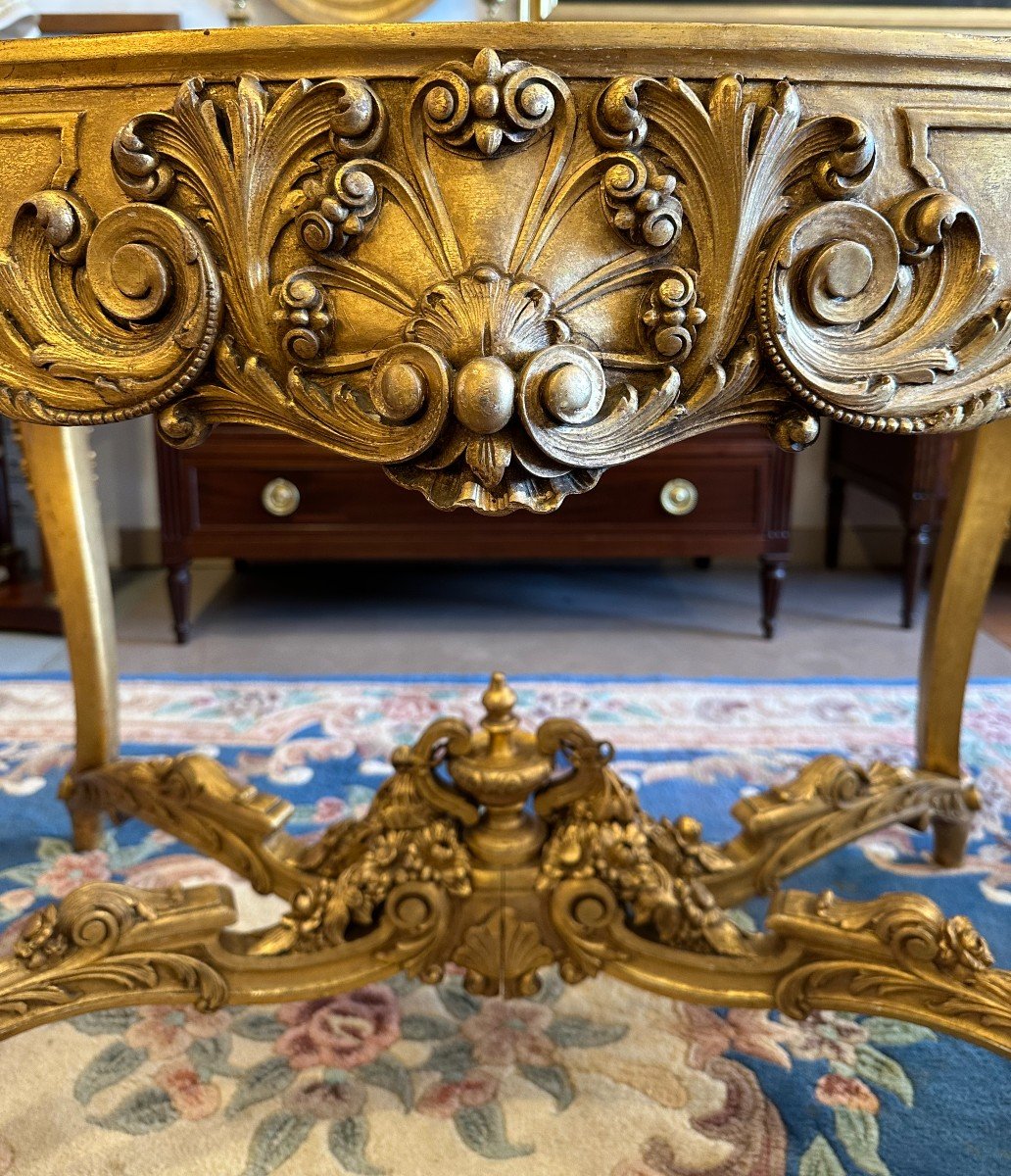 Louis XV Style Center Table In Gilded Wood With Marble Top, Napoleon III Period-photo-4