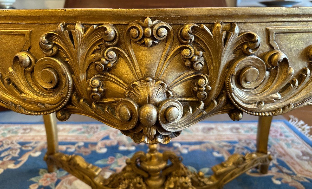 Louis XV Style Center Table In Gilded Wood With Marble Top, Napoleon III Period-photo-2