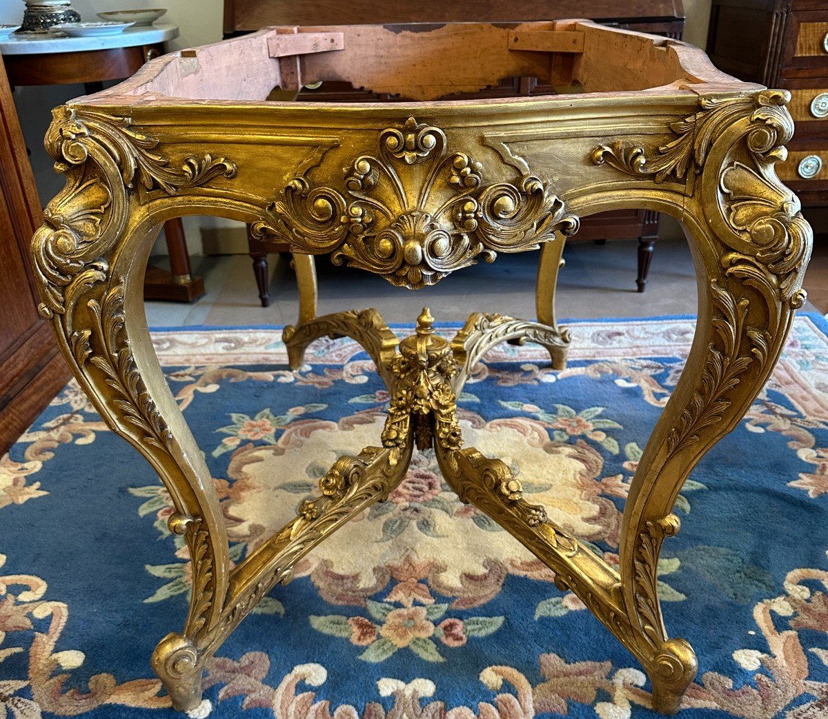 Louis XV Style Center Table In Gilded Wood With Marble Top, Napoleon III Period-photo-4