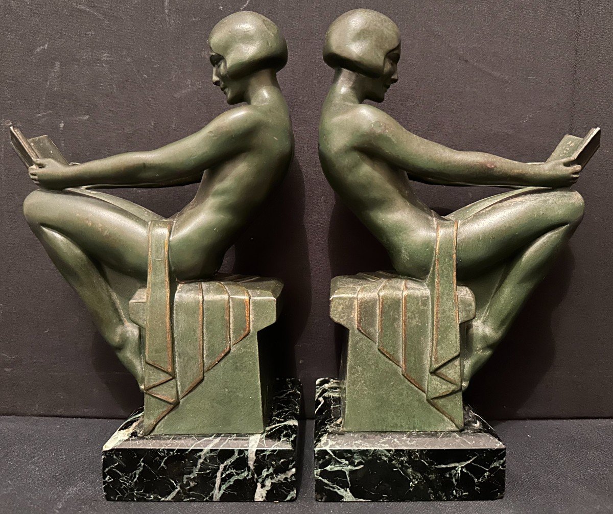 Max Le Verrier Pair Of Art Deco Bookends Nude Women Reading Relaxation Model Circa 1930-photo-2