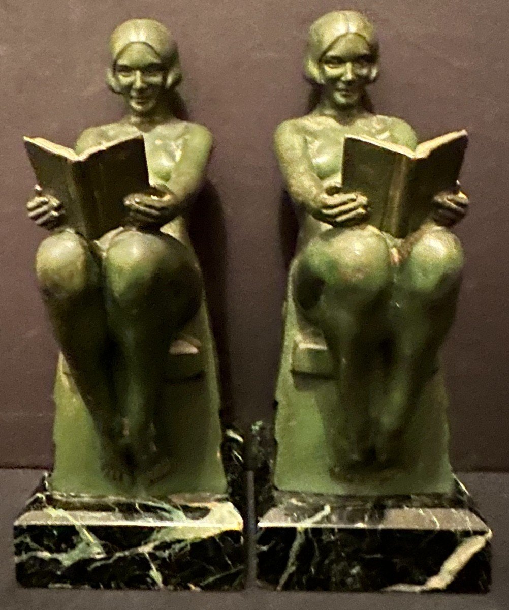 Max Le Verrier Pair Of Art Deco Bookends Nude Women Reading Relaxation Model Circa 1930-photo-3