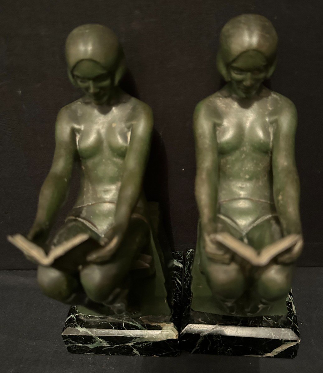 Max Le Verrier Pair Of Art Deco Bookends Nude Women Reading Relaxation Model Circa 1930-photo-4