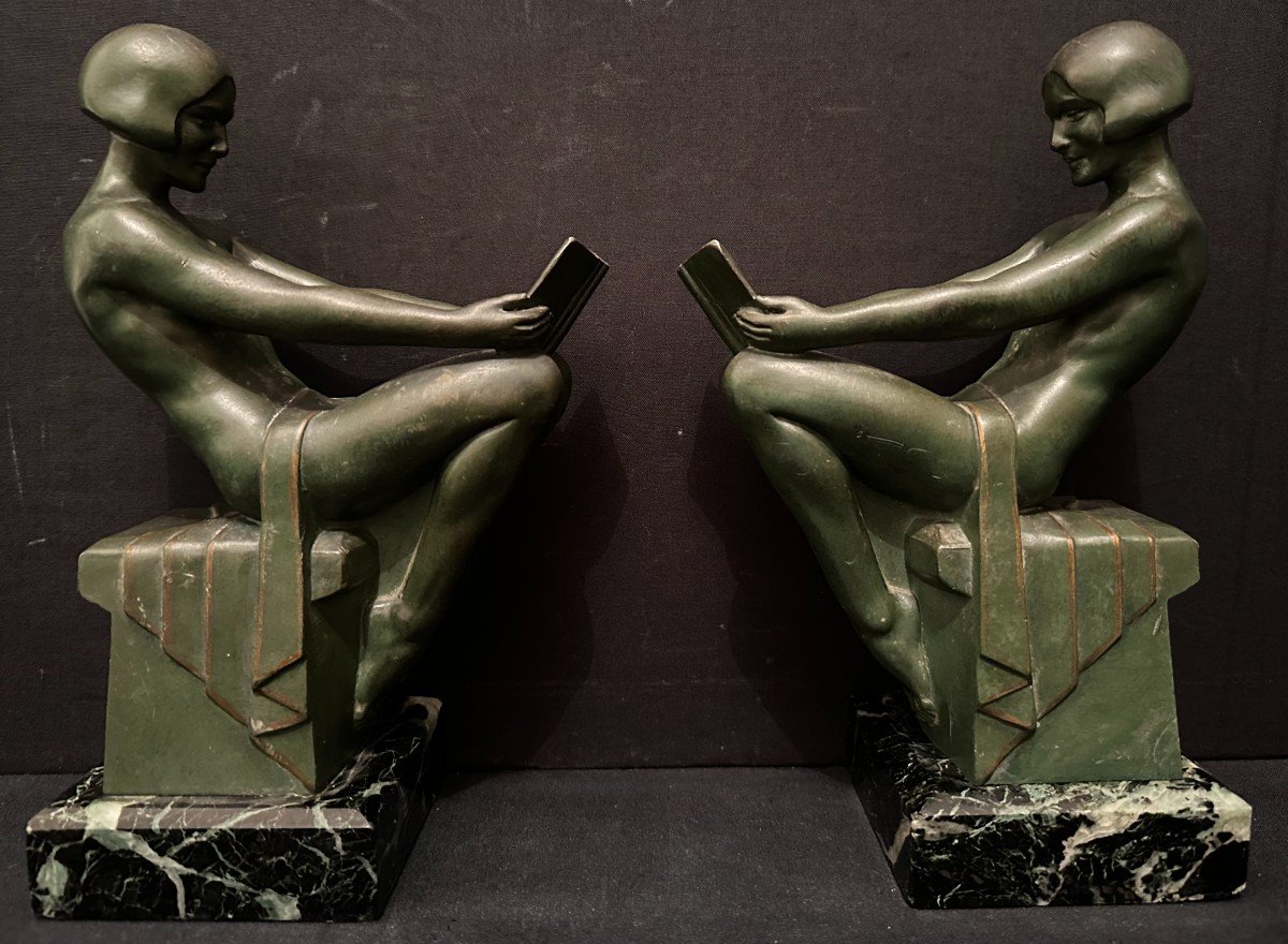 Max Le Verrier Pair Of Art Deco Bookends Nude Women Reading Relaxation Model Circa 1930-photo-1