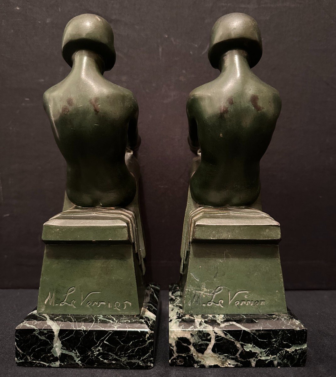 Max Le Verrier Pair Of Art Deco Bookends Nude Women Reading Relaxation Model Circa 1930-photo-2