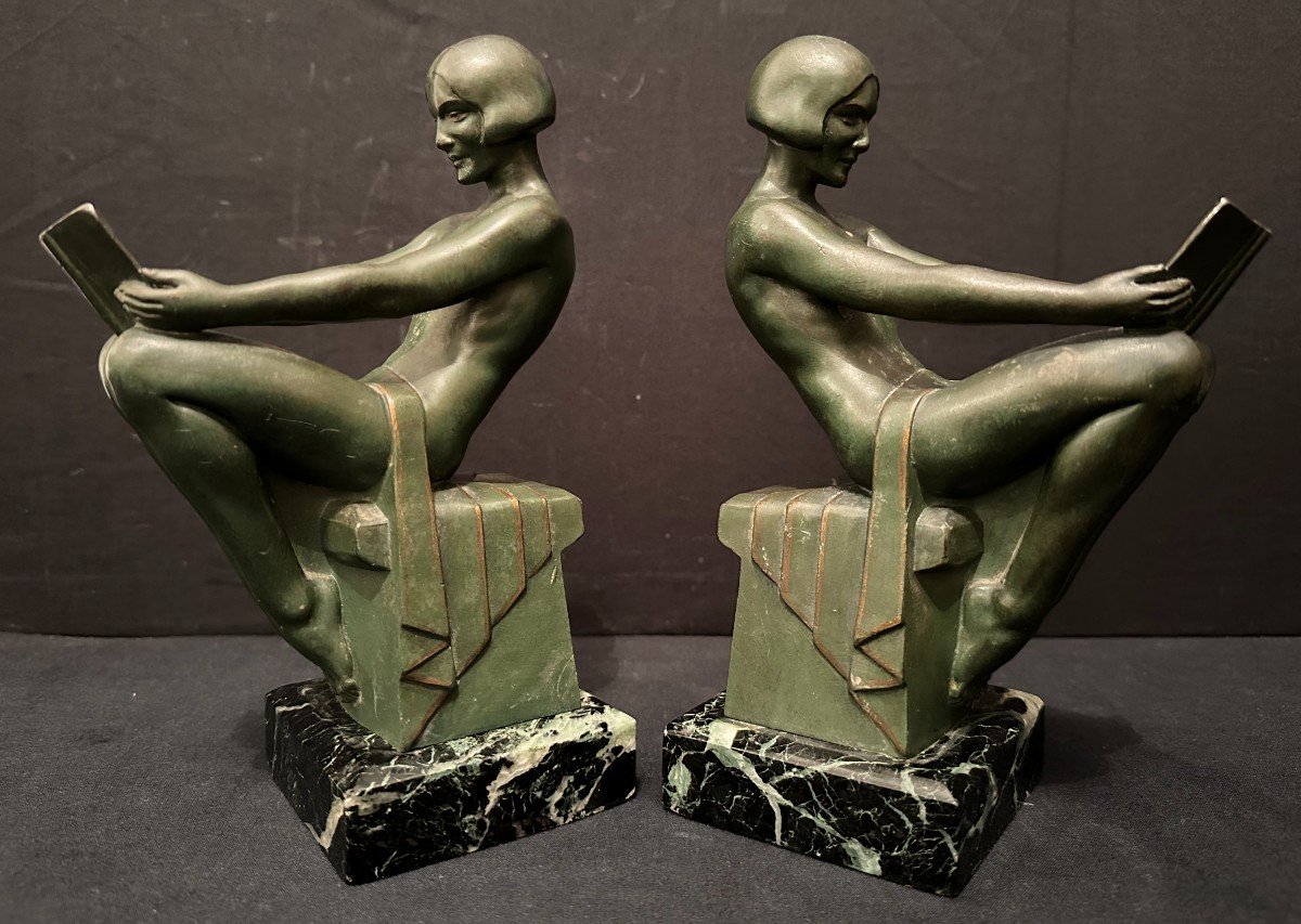 Max Le Verrier Pair Of Art Deco Bookends Nude Women Reading Relaxation Model Circa 1930-photo-3