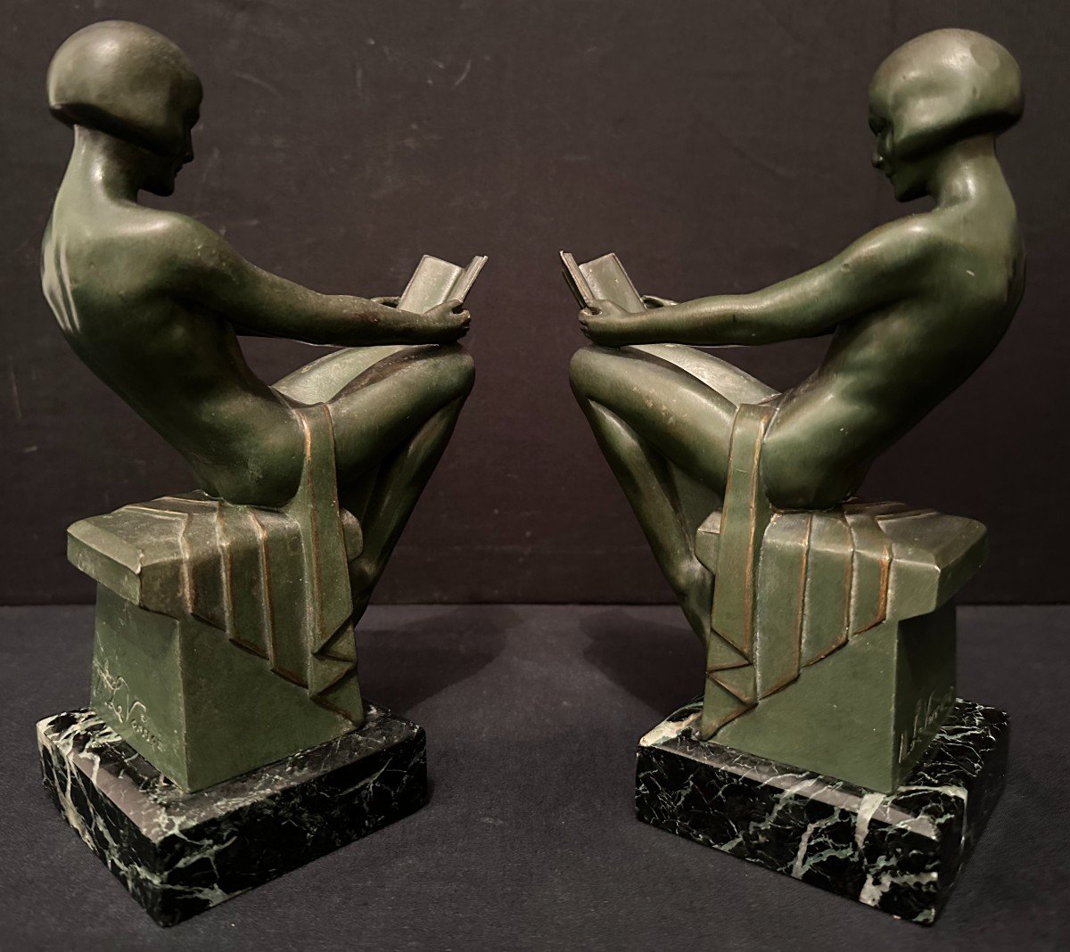 Max Le Verrier Pair Of Art Deco Bookends Nude Women Reading Relaxation Model Circa 1930-photo-4