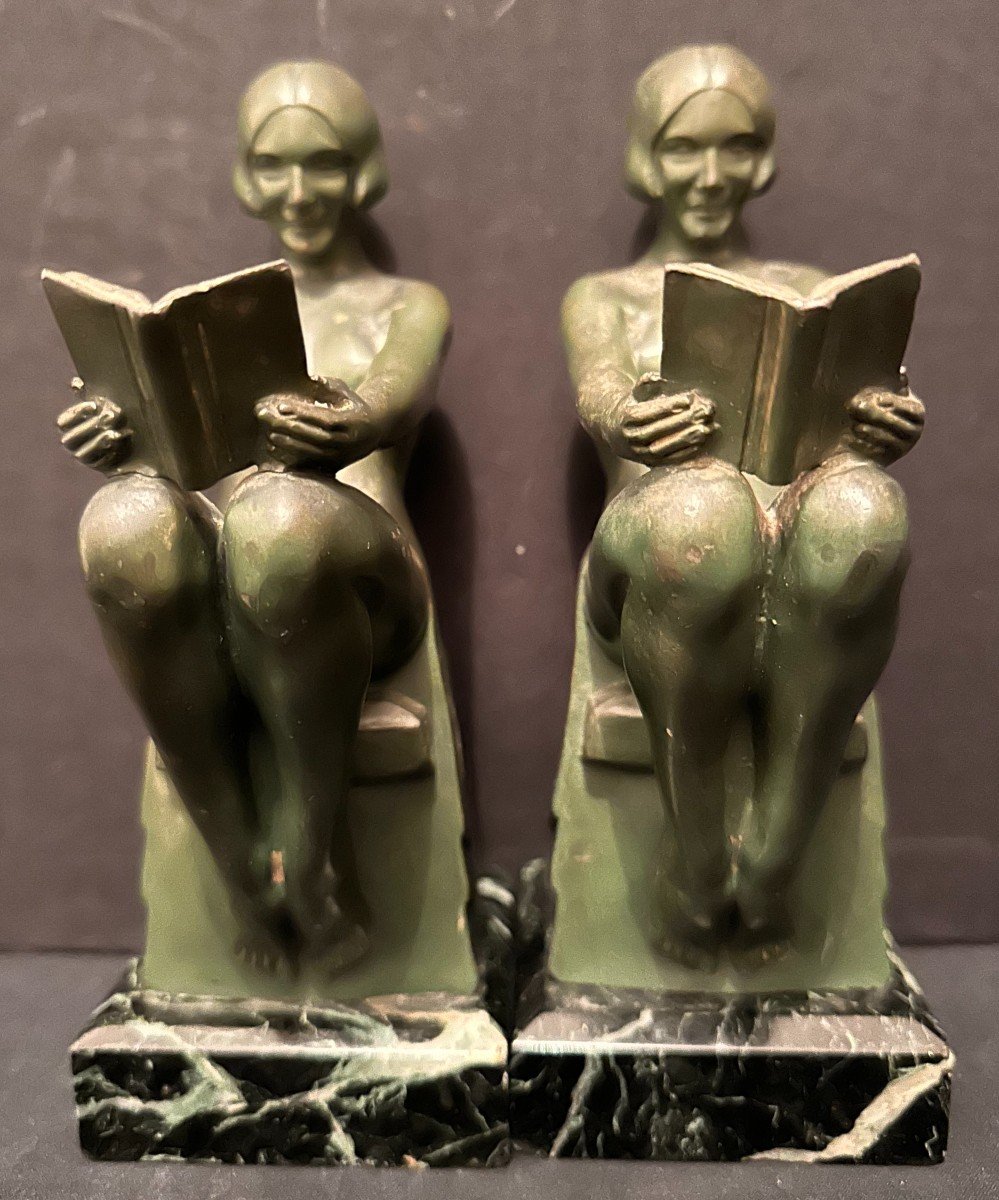 Max Le Verrier Pair Of Art Deco Bookends Nude Women Reading Relaxation Model Circa 1930-photo-5