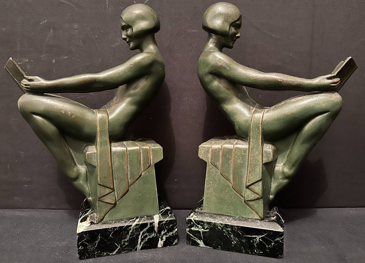 Max Le Verrier Pair Of Art Deco Bookends Nude Women Reading Relaxation Model Circa 1930