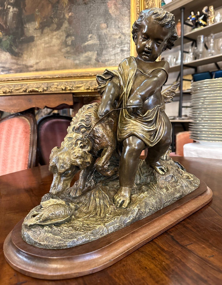 Bronze Enfant Retenant Son Chien De Chasse Devant Une Perdrix Par Auguste  Peiffer XIXème-photo-2