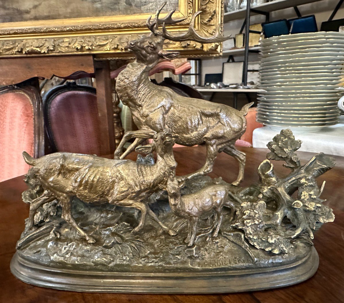 Bronze Sculpture Family Of Deer By édouard Paul Delabrierre End Of 19th Century