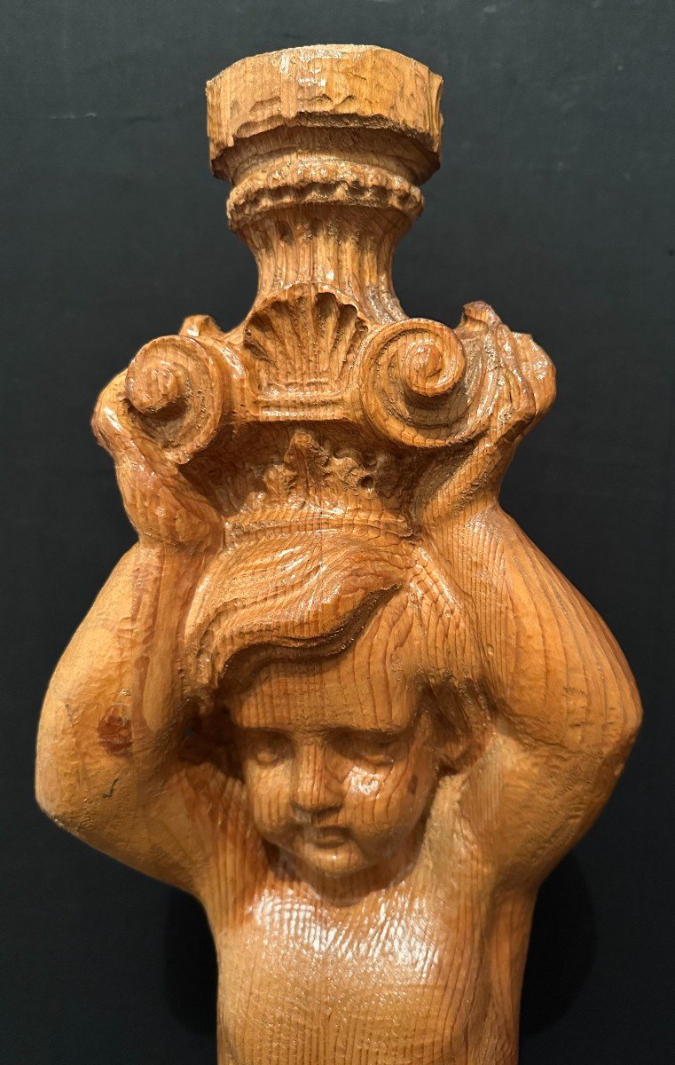 Carved Wood Statue Crowned Child Corinthian Capital Holder Fir 20th Century 87 Cm-photo-2