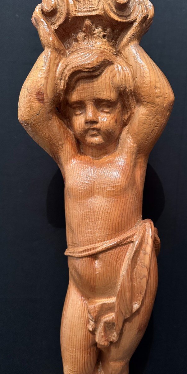 Carved Wood Statue Crowned Child Corinthian Capital Holder Fir 20th Century 87 Cm-photo-3