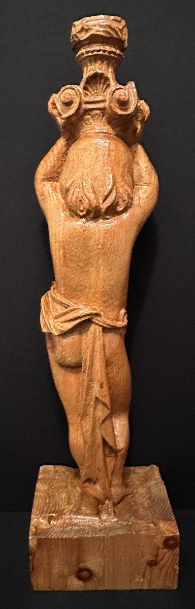 Carved Wood Statue Crowned Child Corinthian Capital Holder Fir 20th Century 87 Cm-photo-3