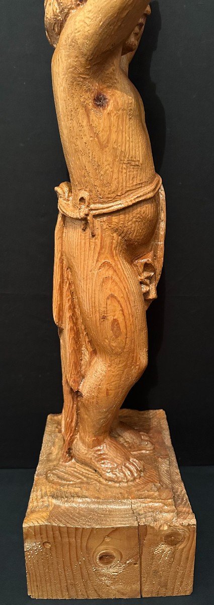 Carved Wood Statue Crowned Child Corinthian Capital Holder Fir 20th Century 87 Cm-photo-8