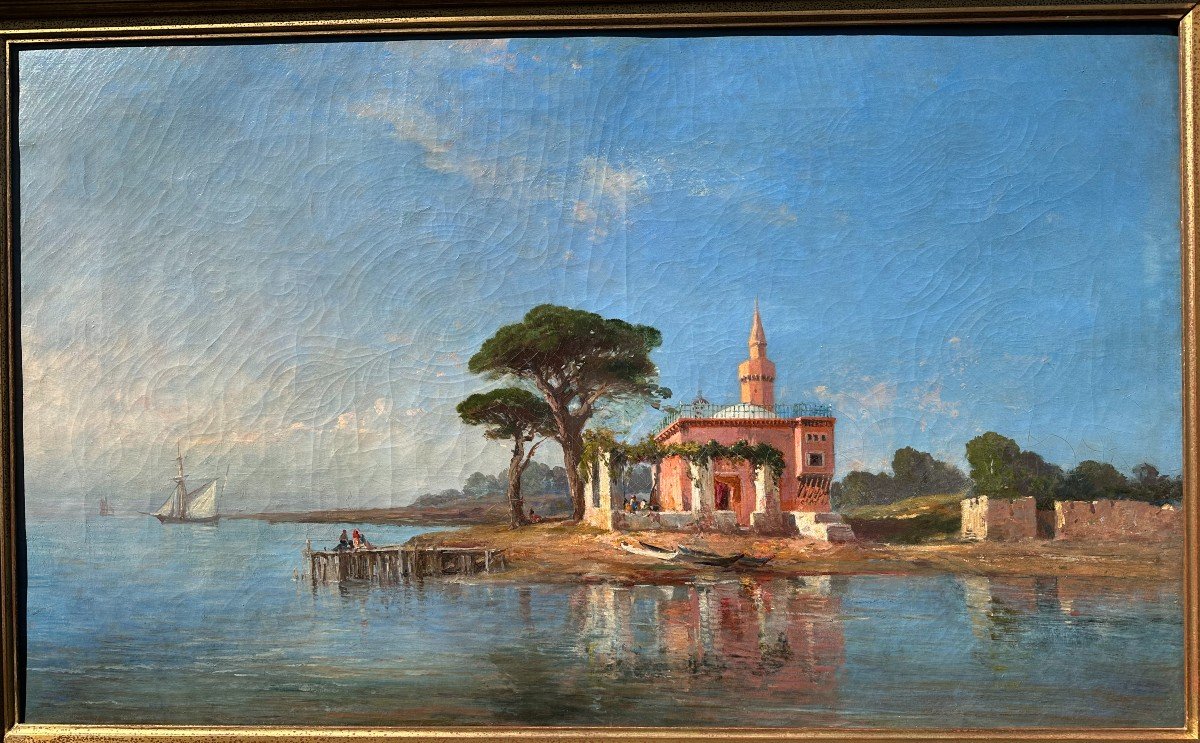 Large Orientalist Painting Mosque On The Shore 19th Century-photo-2