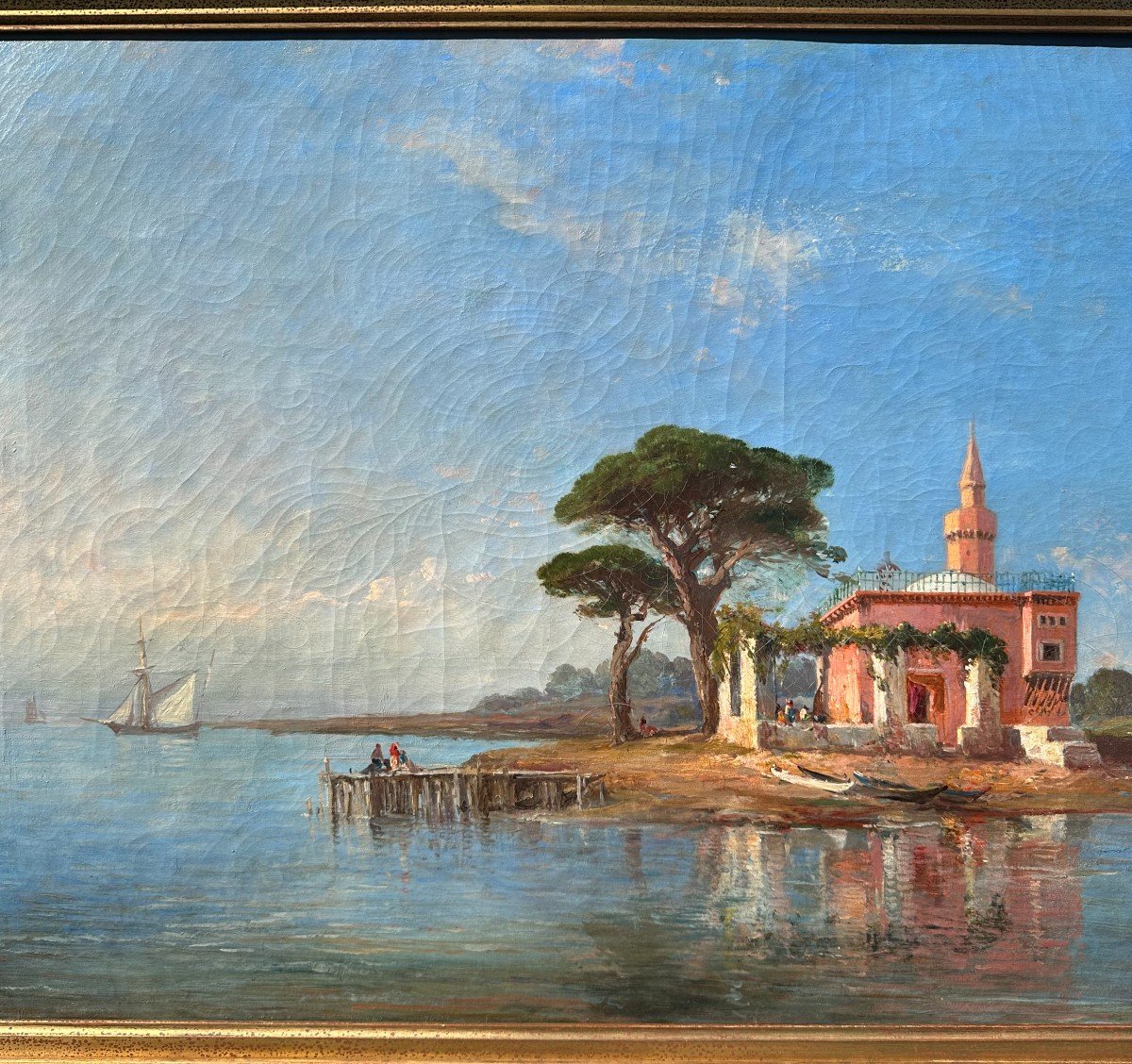 Large Orientalist Painting Mosque On The Shore 19th Century-photo-4