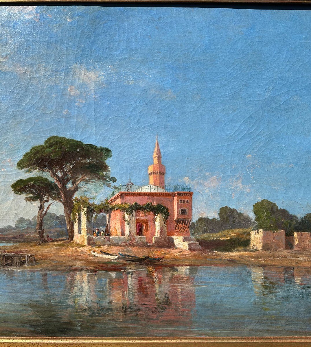 Large Orientalist Painting Mosque On The Shore 19th Century-photo-1