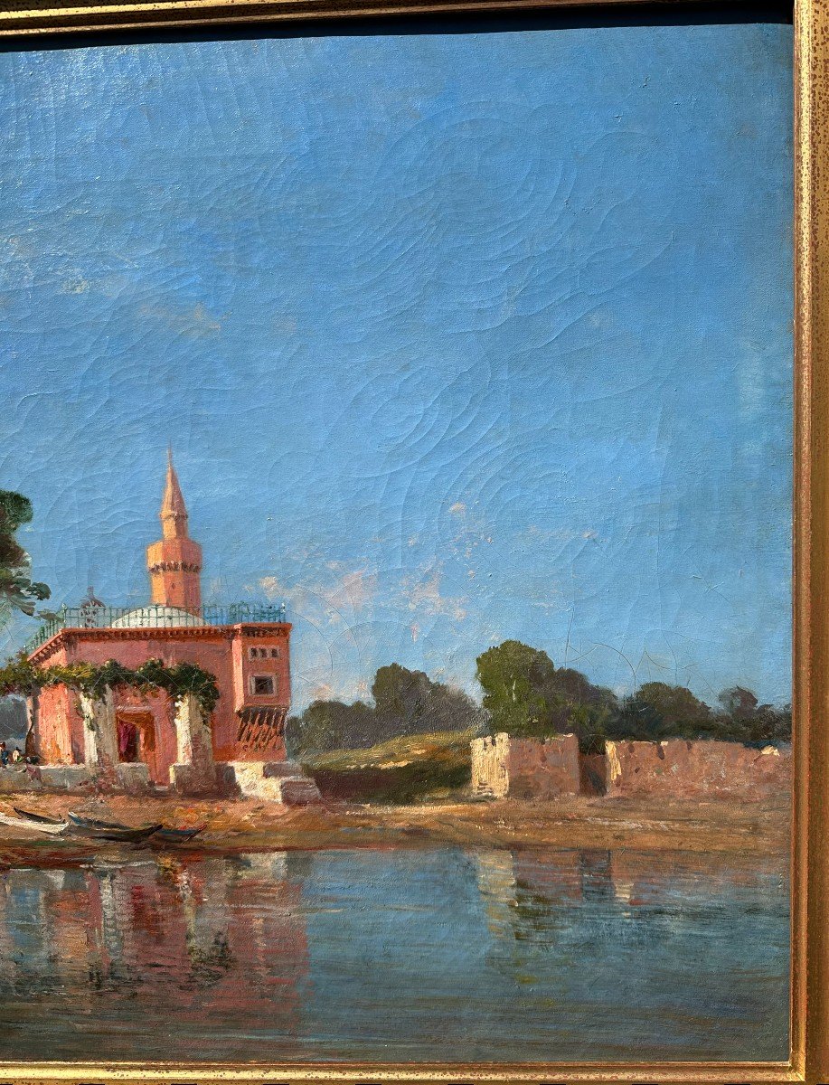 Large Orientalist Painting Mosque On The Shore 19th Century-photo-2