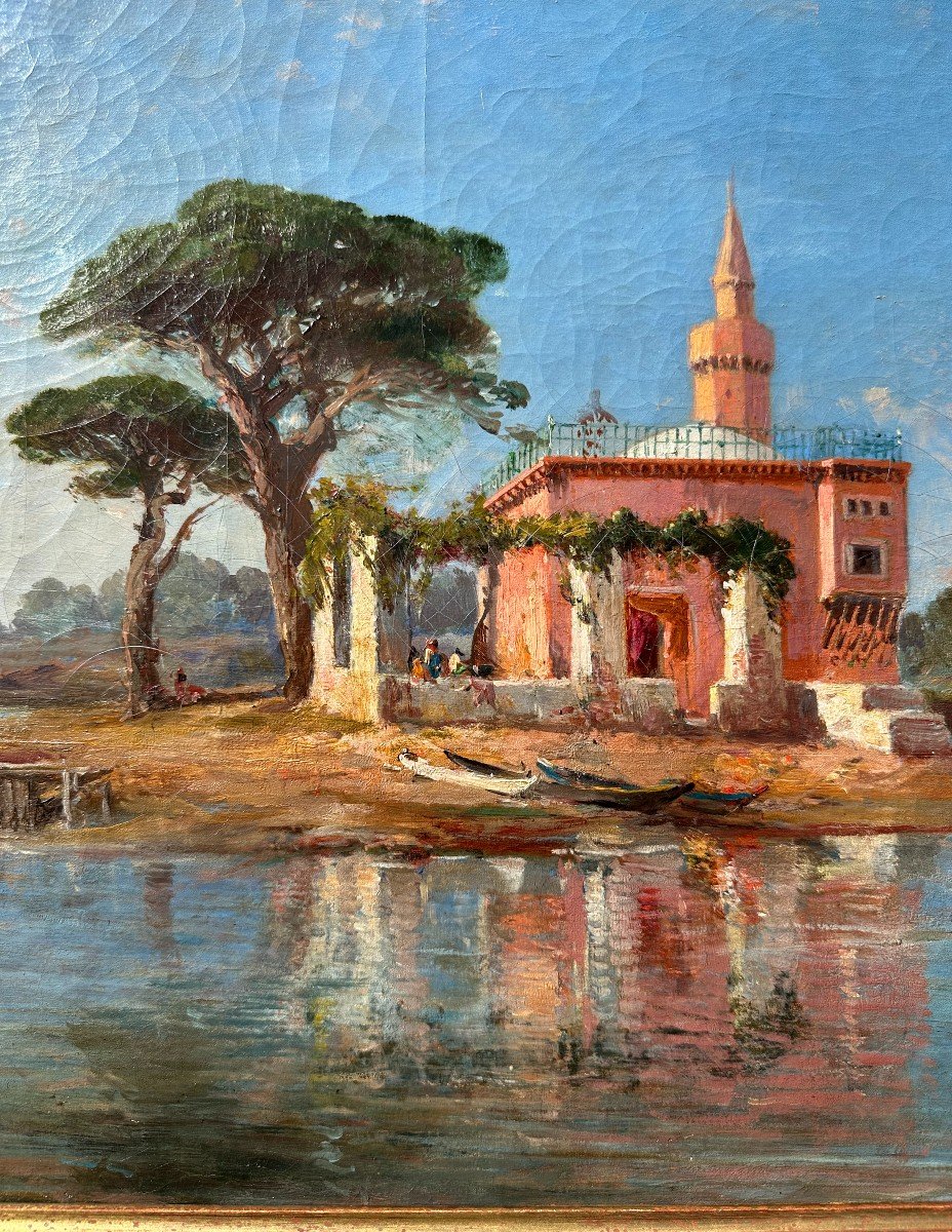 Large Orientalist Painting Mosque On The Shore 19th Century-photo-3