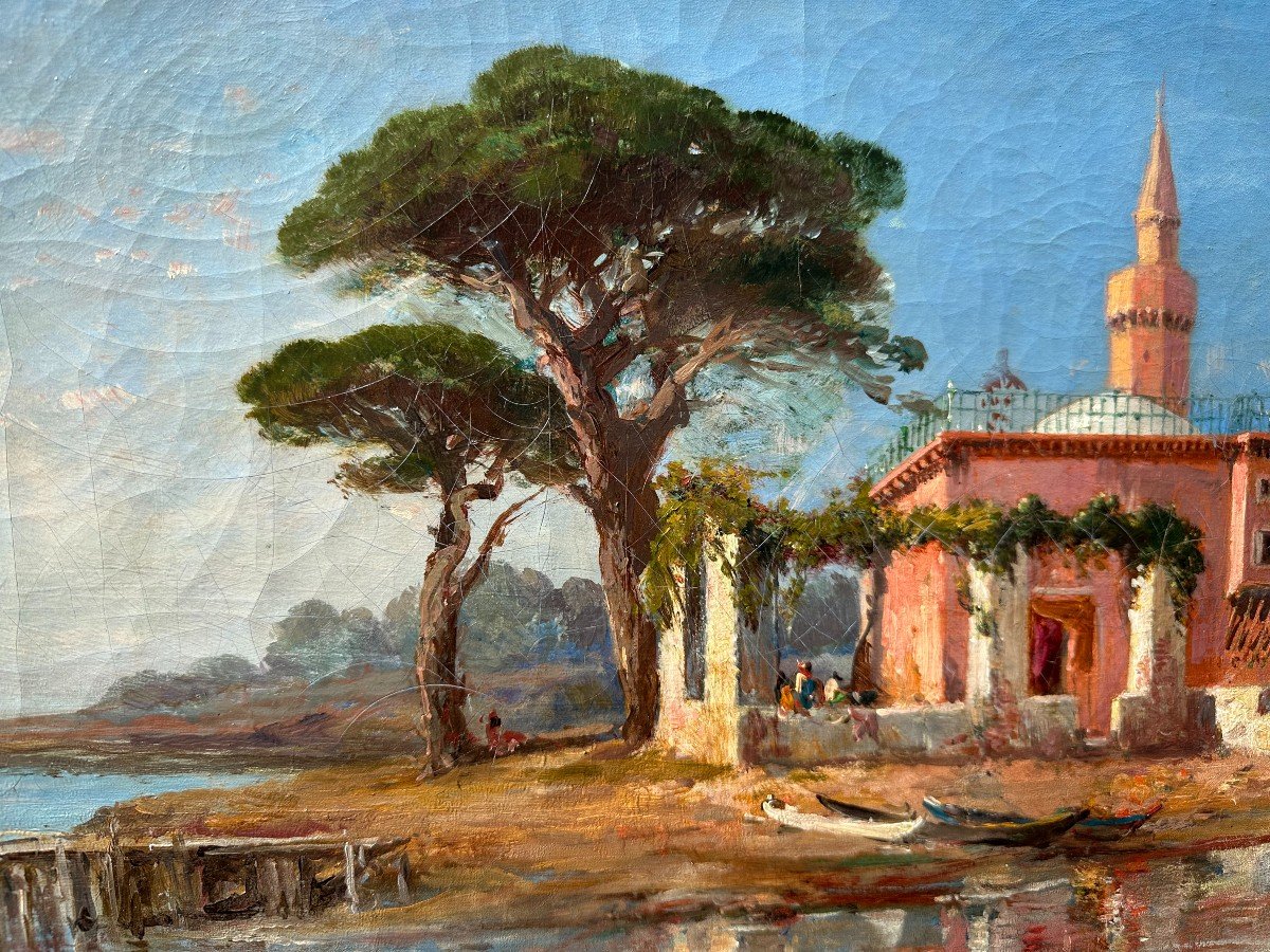 Large Orientalist Painting Mosque On The Shore 19th Century-photo-4