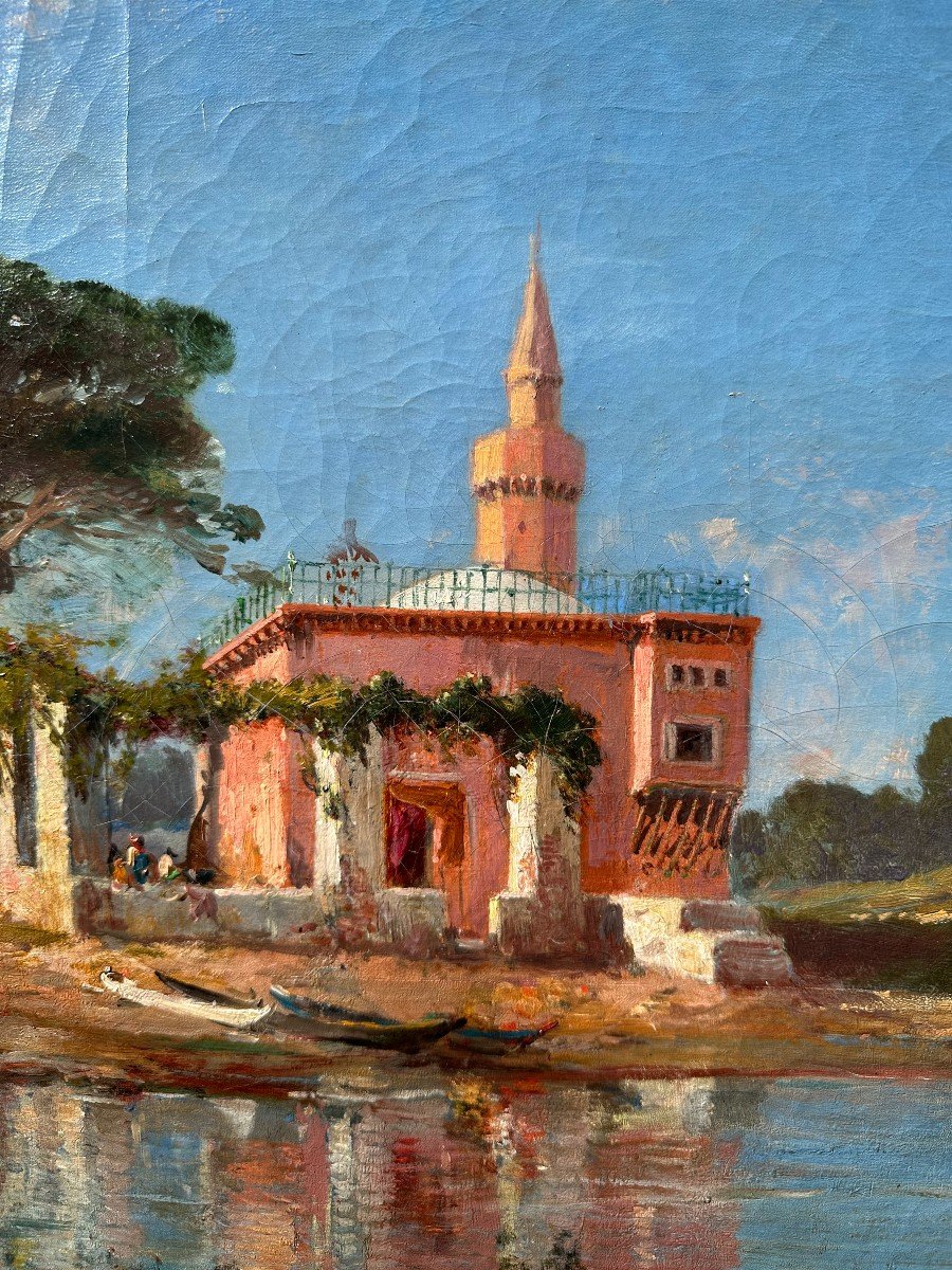 Large Orientalist Painting Mosque On The Shore 19th Century-photo-6