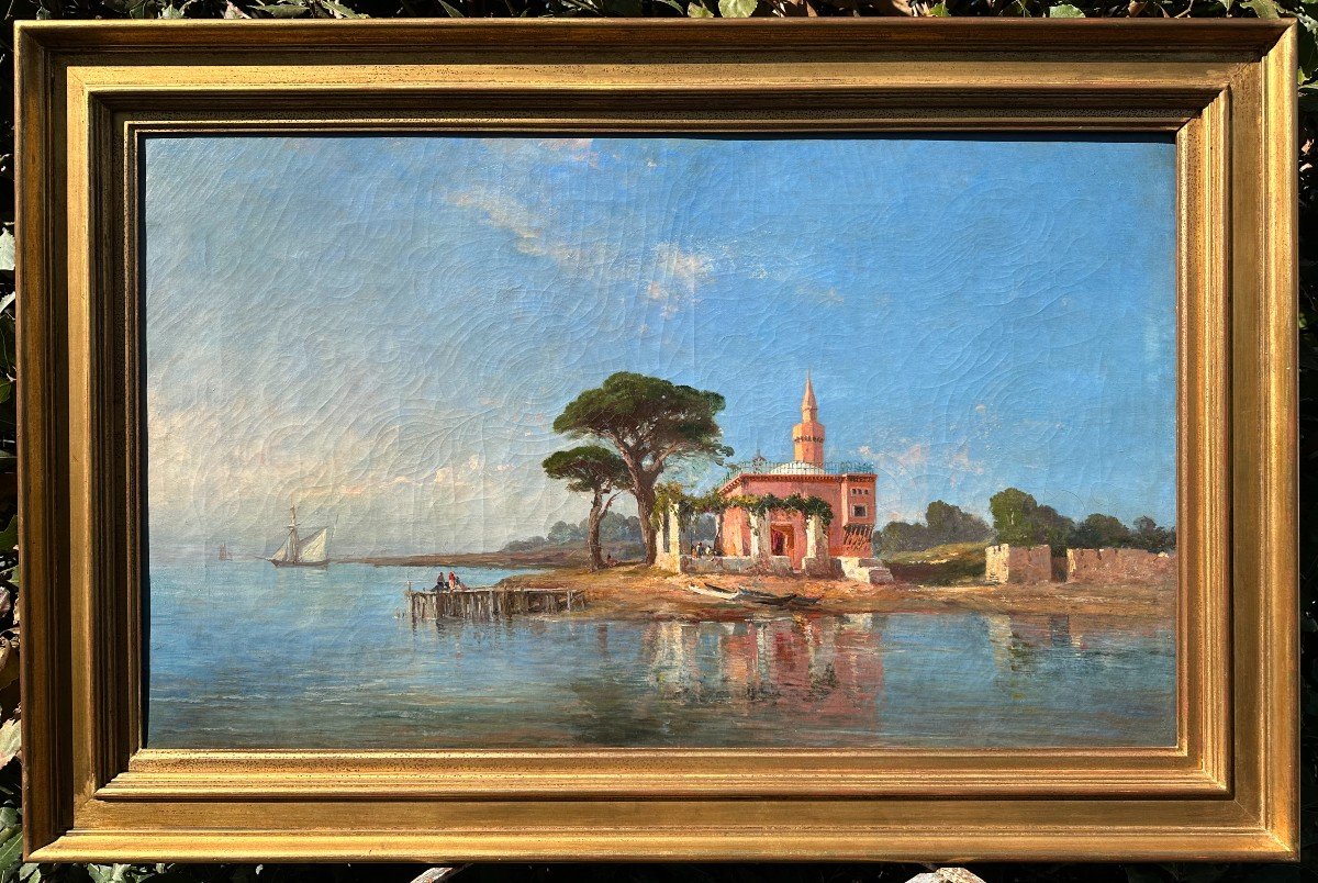 Large Orientalist Painting Mosque On The Shore 19th Century