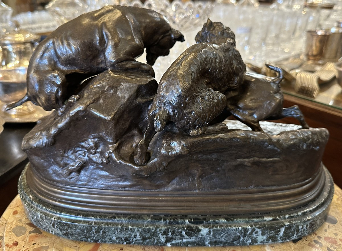 Bronze Three Dogs At The Burrow Or Rabbit Hunting By Pj Mêne Circa 1870-photo-3