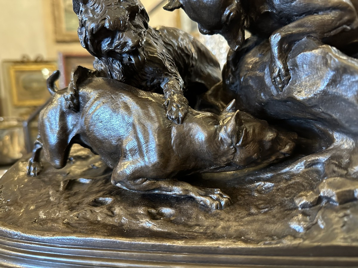 Bronze Three Dogs At The Burrow Or Rabbit Hunting By Pj Mêne Circa 1870-photo-1