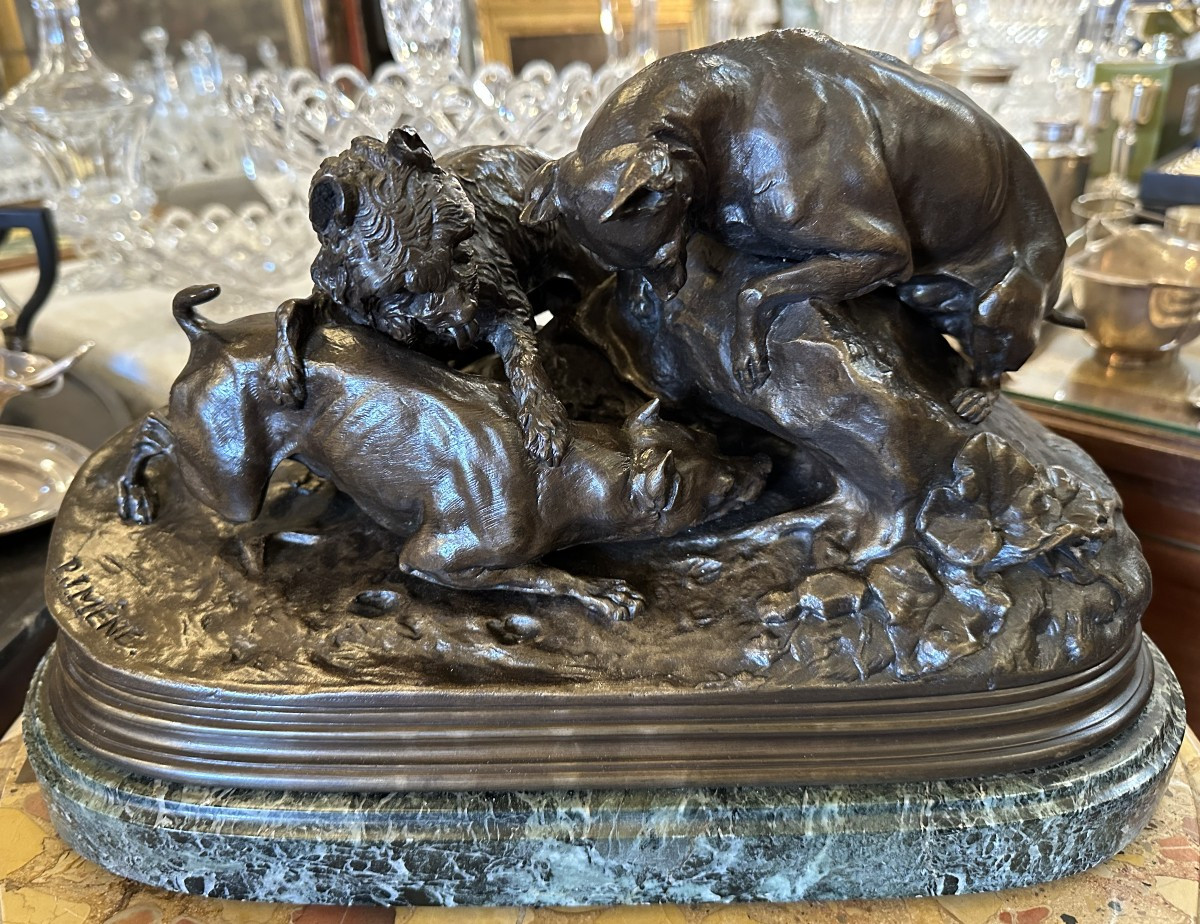 Bronze Trois Chiens Au Terrier Ou Chasse Au Lapin Par P J Mêne Vers 1870