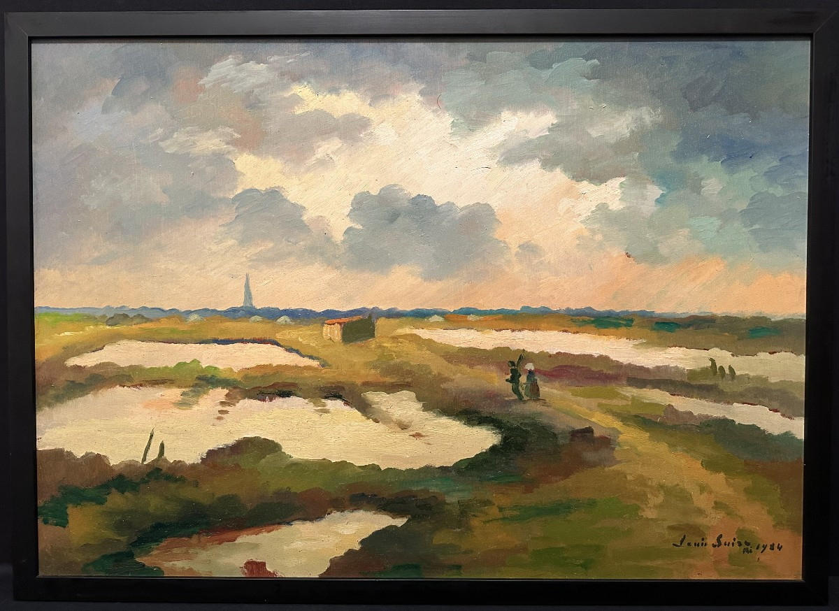 Louis Suire Large Painting Couple Of Salt Workers In The Marshes Of Ars-en-ré, île De Ré, 1984