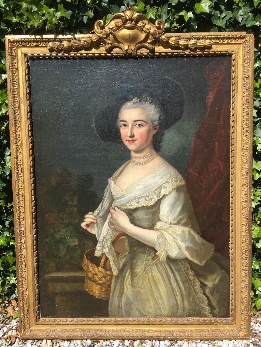 Grand Tableau Portrait Dame De Qualité époque 18ème Dans Son Cadre En Bois Doré